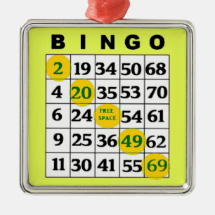 Ornement Carré Argenté Carte BINGO jaune   Noël cadeau de BINGO Lover