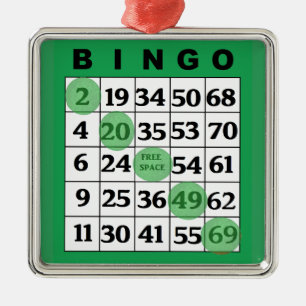 Ornement Carré Argenté Carte BINGO verte   Noël cadeau de BINGO Lover
