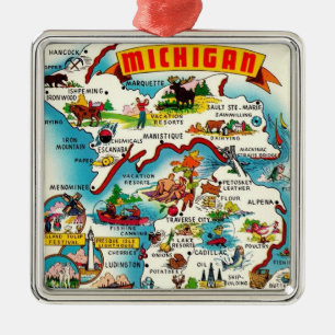 Ornement Carré Argenté Carte colorée vintage du Michigan