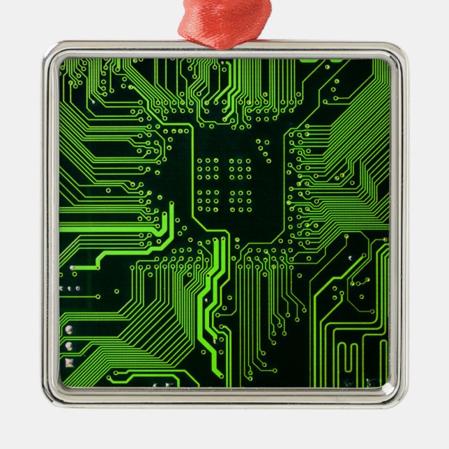 Ornement Carré Argenté Carte cool de circuit informatique verte (Devant)