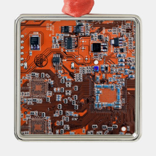 Ornement Carré Argenté Carte de circuit Geek d'ordinateur Orange