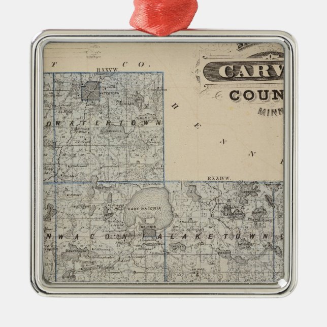 Ornement Carré Argenté Carte du comté de Carver, Minnesota (Devant)