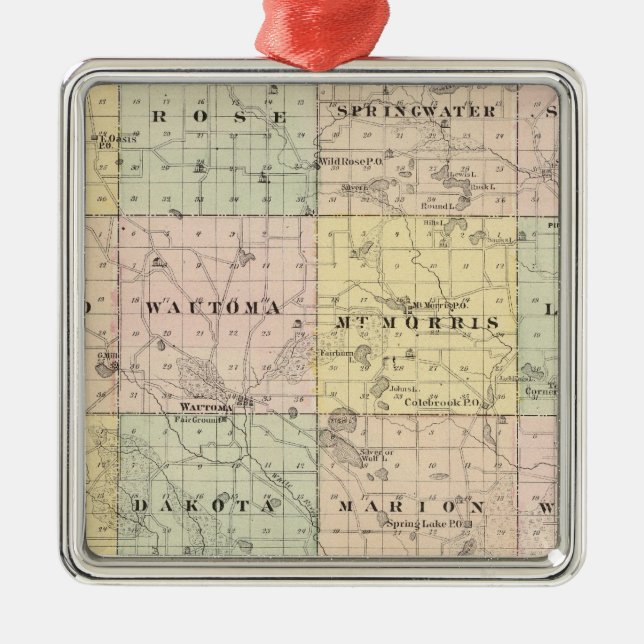 Ornement Carré Argenté Carte du comté de Waushara, Necedah et Wautoma (Devant)
