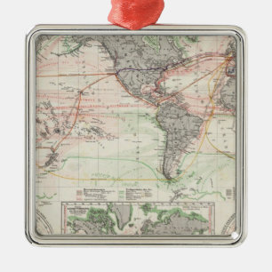 Ornement Carré Argenté Carte du monde des courants d'océan