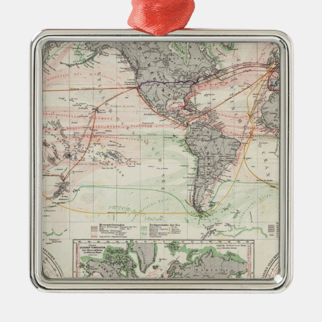 Ornement Carré Argenté Carte du monde des courants d'océan (Devant)
