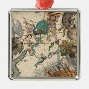 Ornement Carré Argenté Carte vintage du Pôle du sud