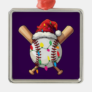 Ornement Carré Argenté Casquette de Noël festive baseball Santa & lumière
