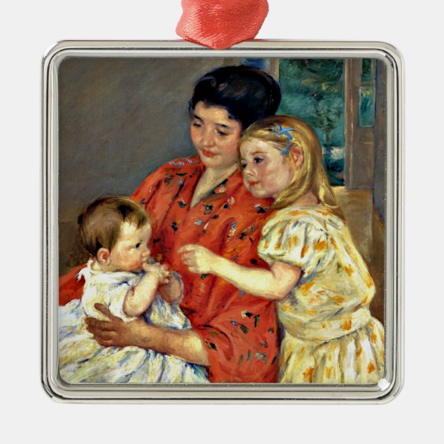 Ornement Carré Argenté Cassatt : Mère et Sara Admirent le bébé (Devant)
