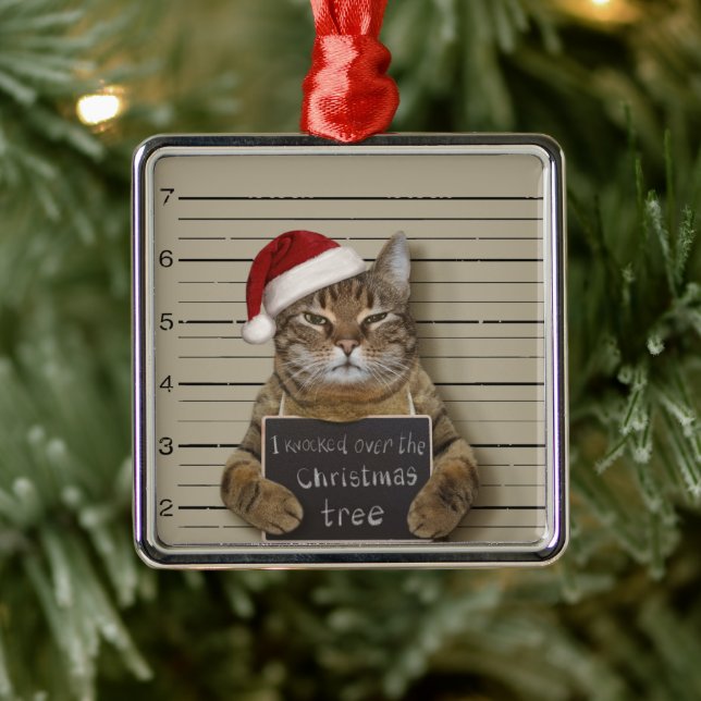 Ornement Carré Argenté Cat Christmas (Arbre)