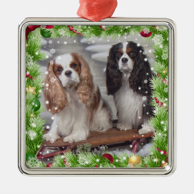 Ornement Carré Argenté Cavalier Spaniel Holiday Premium Orament (Devant)