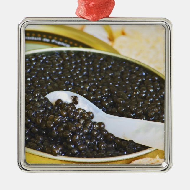 Ornement Carré Argenté Caviar noir et cuillère de nacre à (Devant)