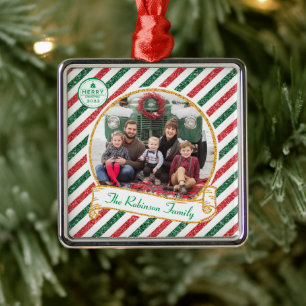 Ornement Carré Argenté Cer de photo de famille de Noël à paillettes en co
