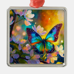 Ornement Carré Argenté Cerise Imaginaire Sunrise Papillon