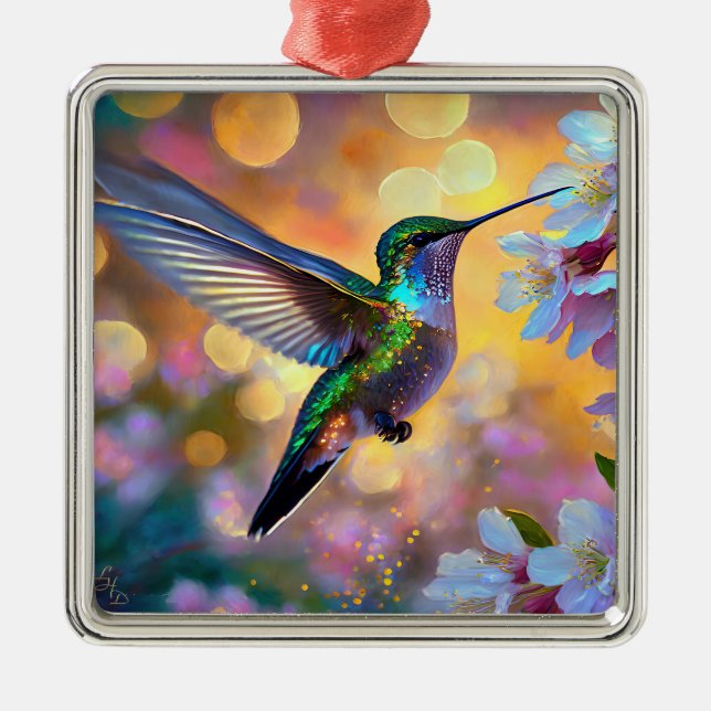 Ornement Carré Argenté Cerisier Imaginaire Sunrise Hummingbird  (Devant)