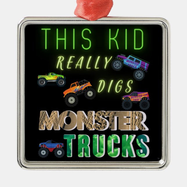 Ornement Carré Argenté Cet Enfant A Vraiment Digéré Des Camions Monster (Devant)
