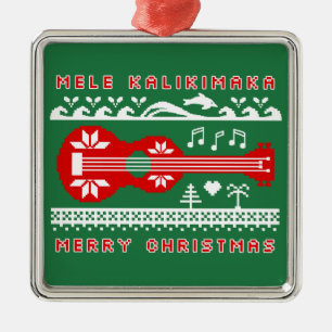 Ornement Carré Argenté Chandail laid de Mele Kalikimaka (rouge sur le