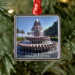 Ornement Carré Argenté Charleston SC Fontaine d'ananas Noël