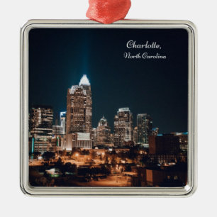Ornement Carré Argenté Charlotte North Carolina City Skyline Nuit