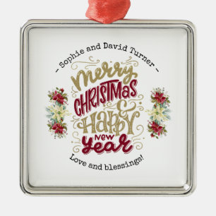 Ornement Carré Argenté Charm Joyeux Noël Joyeux Nouvel An Typographie