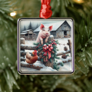 Ornement Carré Argenté Charte ferme de Noël de porc et de poulet