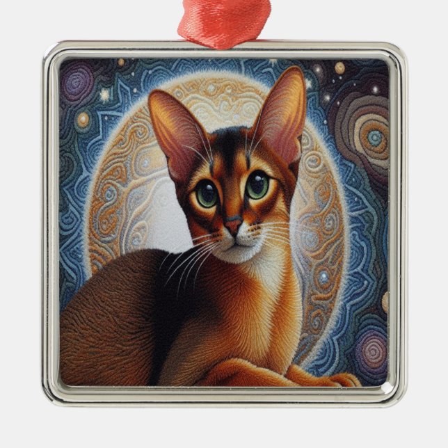 Ornement Carré Argenté Chat Abyssinien Artistique, Kitten Abyssinien Mode (Devant)