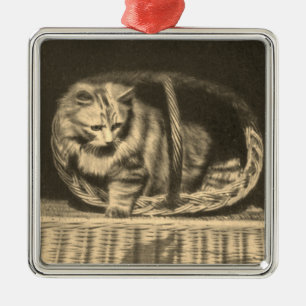 Ornement Carré Argenté Chat de collection dans un panier