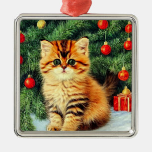 Ornement Carré Argenté Chat de Noël Vintage