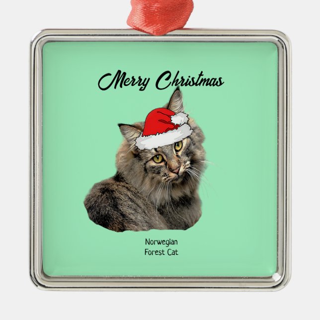 Ornement Carré Argenté Chat forestier norvégien avec Santa Hat (Devant)