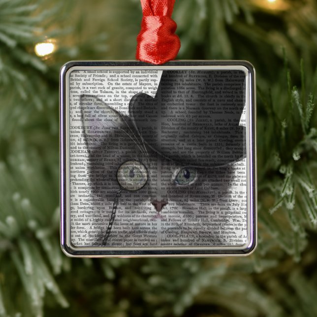 Ornement Carré Argenté Chat gris avec chapeau supérieur (Arbre)