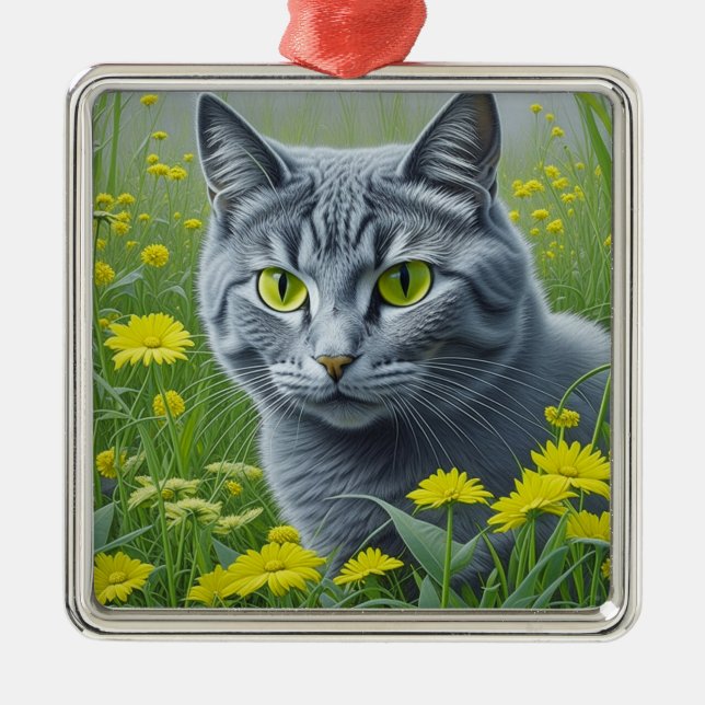 Ornement Carré Argenté Chat gris mignon avec Yellow Eyes Ai Art (Devant)