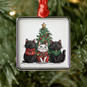 Ornement Carré Argenté Chats de Noël mignons