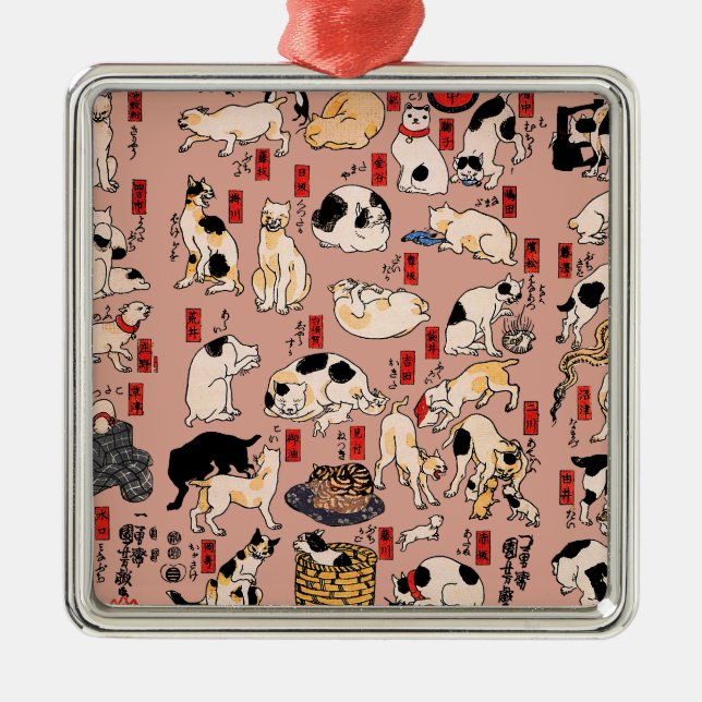 Ornement Carré Argenté chats japonais Ukiyo-e Funny kitty (Devant)