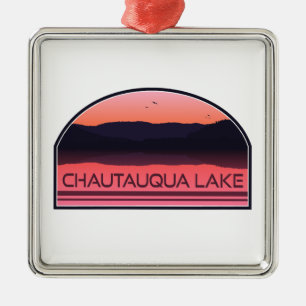 Ornement Carré Argenté Chautauqua Lake New York Red Sunrise
