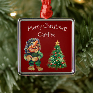 Ornement Carré Argenté Cheeky Christmas Troll et Tree Delight