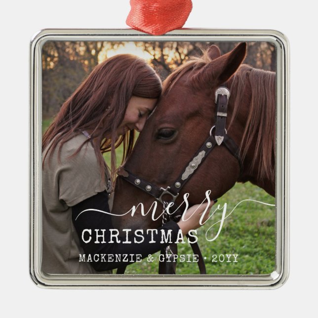 Ornement Carré Argenté Cheval de Noël en date cavalier Carré personnalisé (Devant)