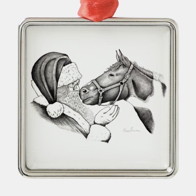 Ornement Carré Argenté Cheval de Noël et santa Claus pour Noël (Devant)