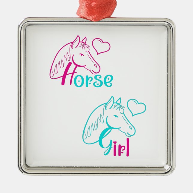 Ornement Carré Argenté Cheval Girl en rose et turquoise (Devant)
