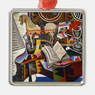 Ornement Carré Argenté Cheval Pipe Fleur rouge par Joan Miro