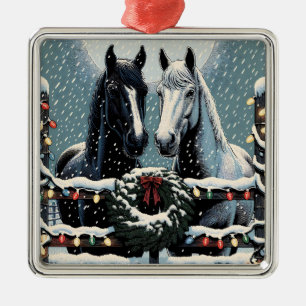 Ornement Carré Argenté Chevaux de fête   Joyeux Noël