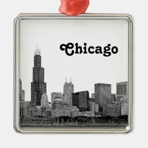 Ornement Carré Argenté Chicago Skyline Etched