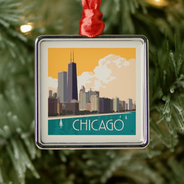Ornement Carré Argenté Chicago | Skyline moderne (Arbre)