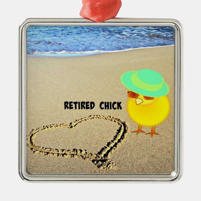 Ornement Carré Argenté Chick retraité...coeur tiré dans le sable (Devant)