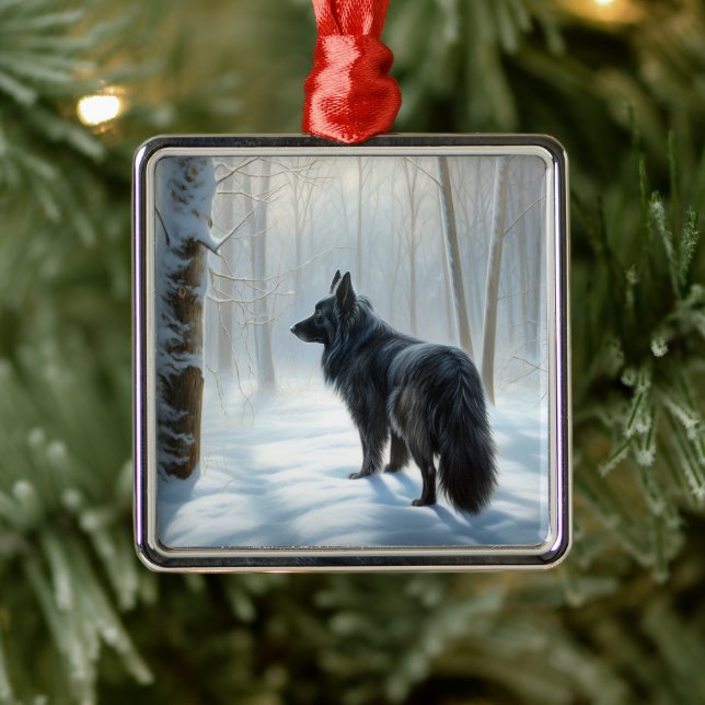 Ornement Carré Argenté Chien à neiger belge Noël (Arbre)
