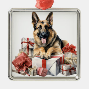 ORNEMENT CARRÉ ARGENTÉ CHIEN ALLEMAND DE BERGER DE NOËL VACANCES ADORABLE