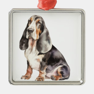 ORNEMENT CARRÉ ARGENTÉ CHIEN BASSET HOUND AQUARELLE TRICOLORE