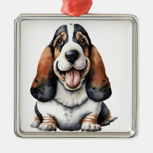 ORNEMENT CARRÉ ARGENTÉ CHIEN BASSET HOUND AQUERELLE TRICOLEUR