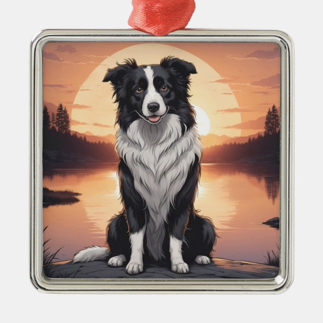 Ornement Carré Argenté Chien Border Collie (Devant)
