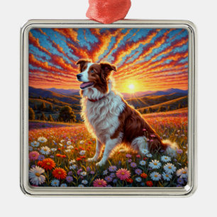 Ornement Carré Argenté Chien Border Collie