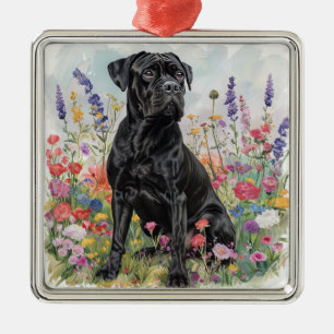 ORNEMENT CARRÉ ARGENTÉ CHIEN CANE CORSO NOIR DANS UN CHAMP FLORAL