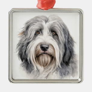 ORNEMENT CARRÉ ARGENTÉ CHIEN COLLEY BARBU GRIS ET BLANC DÉPOURVU